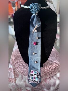 Faith-Inspired Denim Pearl Necktie Necklace